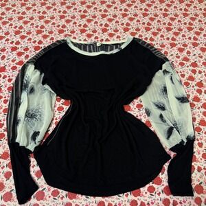 TINY Anthropologie Mixed Media Floral Stripe‎ Balloon Sleeve Top Black Small
B3